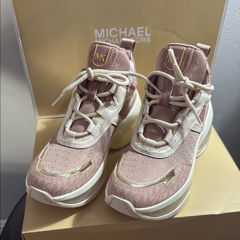 Michael Kors Olympia Trainer Pink Leather & Logo Athletic Sneakers